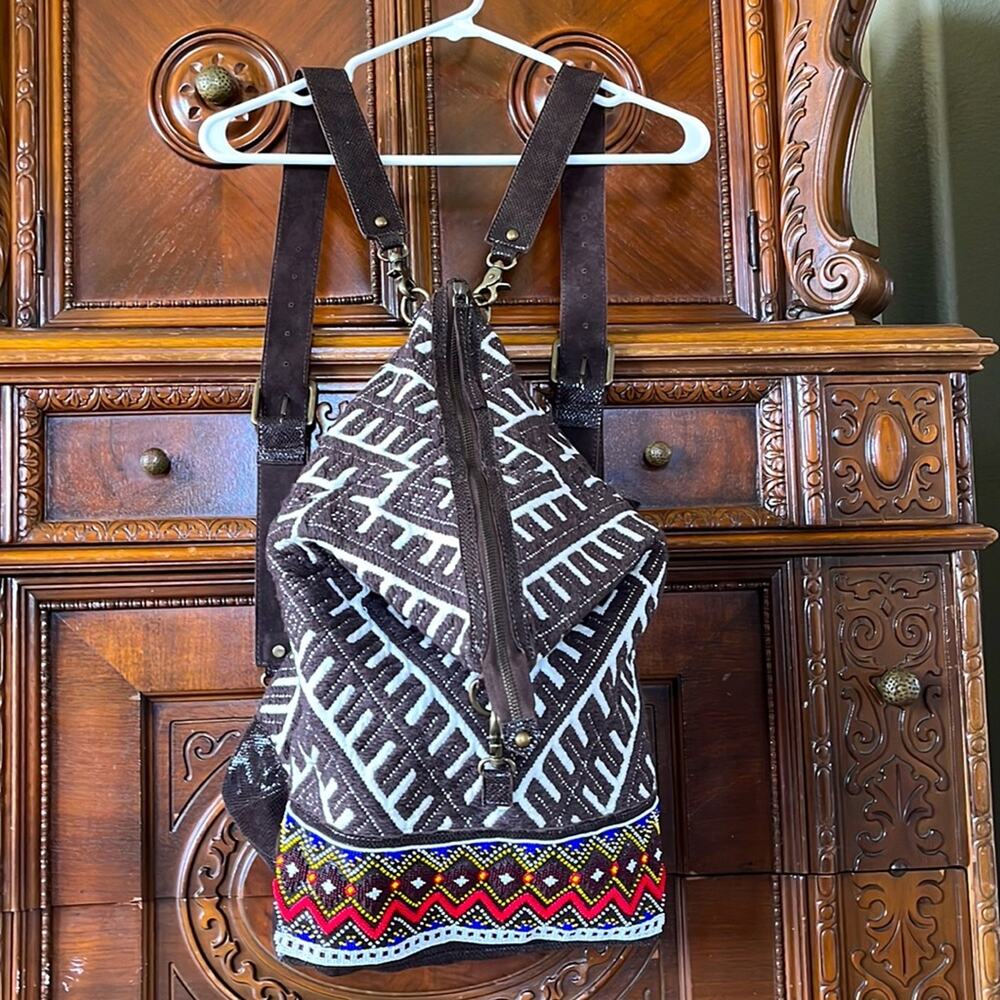 NWT TEN 79 LA beaded boho hippie beachy embroidered leather brown backpack.